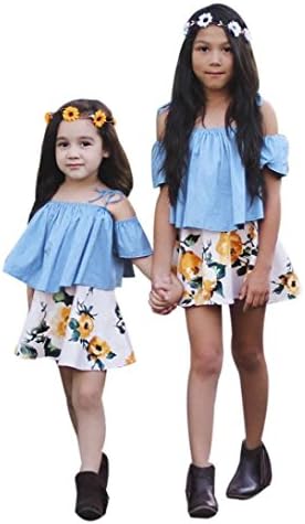 Bestoppen Girls Clothing Sets, Kids Girl Summer Cotton Strap Off Shoulder Tops T-Shirt +Floral Printed Skirt Girl's Cute Short Sleeve Tops Evening Party Outfit Set for 1-5 Years (1Y, Blue)