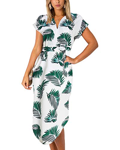 YOINS Robe Longue Femme Été Chic Robes Imprimé Florale Sexy Dress Robe de Plage Asymétrique Robe Tunique Maxi Une Ligne, Feuilles-vert, EU 32-34