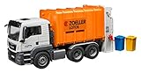 In das Fahrzeug können kleine Mülltonnen sowie Müllcontainer entleert werden