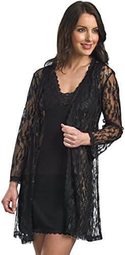 Ladies Slenderella Lace Wrapover Robe with Tie Belt, Black or Raspberry