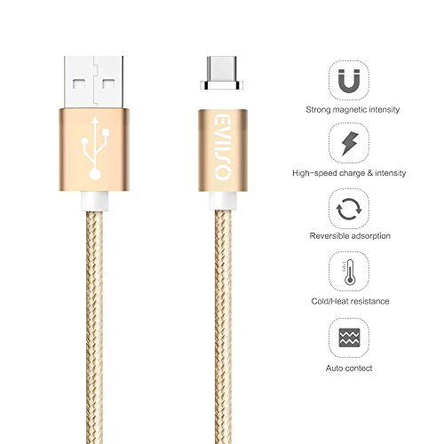 Magnetisches USB Type C kabel,-Lebenslange Garantieserie -EVIISO 1m Magnet PowerLine 2.4A Fast Charging USB C Kabel auf USB 3.0 A Ladekabel Datenkabel mit Nylongeflecht für Samsung Galaxy S8 S8 Plus,Huawei P9, P10,Nexus 5X/6P,OnePlus 3/3T und andere Type-C unterstützte Geräte (Gold) - 3