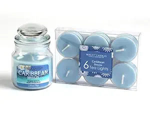 Hosley Caribbean Breeze Highly Scented, 2.65 Oz Wax, Jar Candle with Pack of 6pieces Scented Tealights