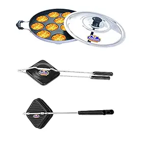 Apeiron Non-Stick |Appam Silver Sandwich Grill and Sandwich Toaster Marker Combo Set |Bakelite Handle | Handle Lock in Grill and Toaster Pack of 3