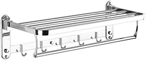 Foccoe Foldable Towel Shelves with Towel Bar Wall Mounted Holder Bathroom Shelf with Hooks Polished Stainless Steel Towel Rack (Size:60* 22.5 * 17.2 CM)