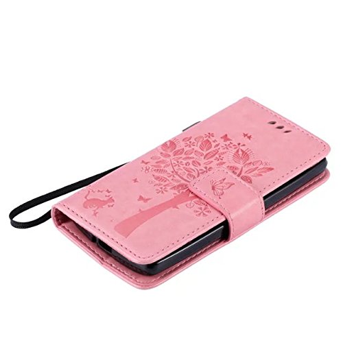 LG LEON LTE / C40 / H340N H320 Hülle Rosa im Retro Wallet Design,Cozy Hut LG LEON LTE / C40 / H340N H320 Hülle Leadertasche Premium Lederhülle Flip Case im Bookstyle Folio Cover Kartenfächer Magnetverschluss und Standfunktion Leder Schale Etui für LG LEON LTE / C40 / H340N H320 (4,5 Zoll) Handytasche Schutzhülle Katzen und Bäume Muster – rosa - 4