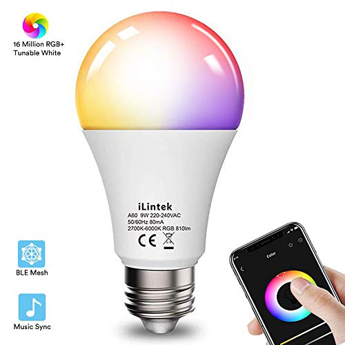 Bombillas Inteligentes E27, iLintek Lámpara Bluetooth RGB & Luces Cálidas/Frías,Cero Demora,16 Millones de Colores,Temporizador,Sync con Música,No requiere concentrador (A60-9W-810LM)