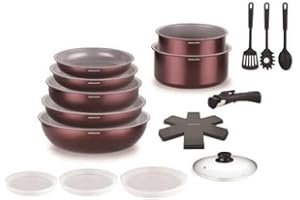 Arthur Martin - Batterie 18 pcs - 3 poêles 20-22-26 cm - 2 casseroles 16-18 cm - 1 sauteuse 24 cm - 1 wok 28 cm - 1 couvercle en verre 24 cm