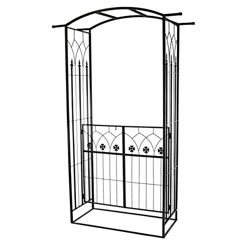 Nexos Rosenbogen Torbogen Rankhilfe Pergola Spalier für Rosen Blumen Garten Terrasse mit Tür Tor Kleeblatt-Design aus Metall 212 cm schwarz