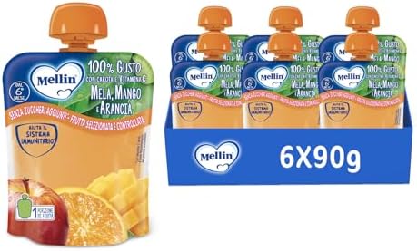 Mellin Merenda, Frutta Mista, Mela, Mango e Arancia, 6x90g