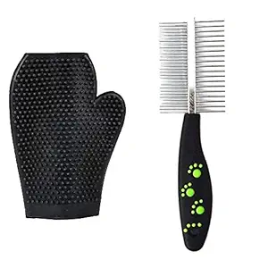 Fondle Double Sided Pet dog Comb Stainless Steel Pin Dog Grooming Brush with Grooming Gloves
