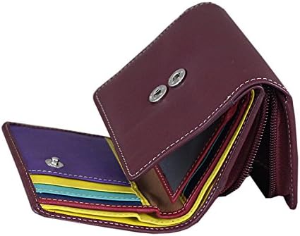 Ladies High Quality Soft Burgundy (Multi Coloured Inside) Hand Stitched Real Nappa Leather RFID blocking Small Multi Compartment Purse Multi Credit Card Wallet with Zip Up Coin Compartment