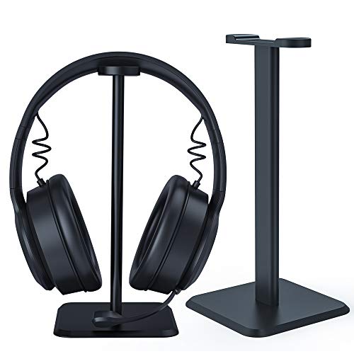 SKYEE Soporte Auriculares en el Escritorio, Universal Headset Stand y Soporte de Cascos en Mesa con 2 Piezas Clips de Cable para Auriculares Bluetooth, Auriculares Gaming, Negro