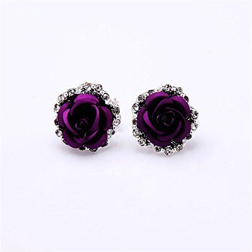 JaneDream Womens Delicate Rose Flower Rhinestone Ear Stud Earrings Purple