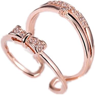Shawa Jewelry 925 Sterling Silver Bowknot Ring Double Bands Open Ring with White Diamond for Women Adjustable Size (rose gold)