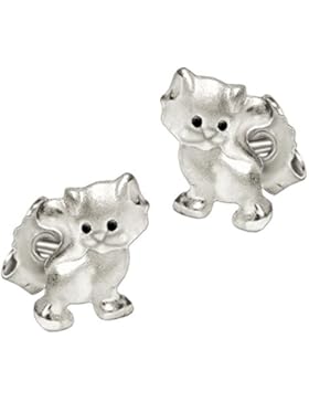 CLEVER SCHMUCK Silberne kleine Ohrstecker Mini Katze 6 x 5 mit schwarzen Augen, matt und glänzend STERLING SILBER...
