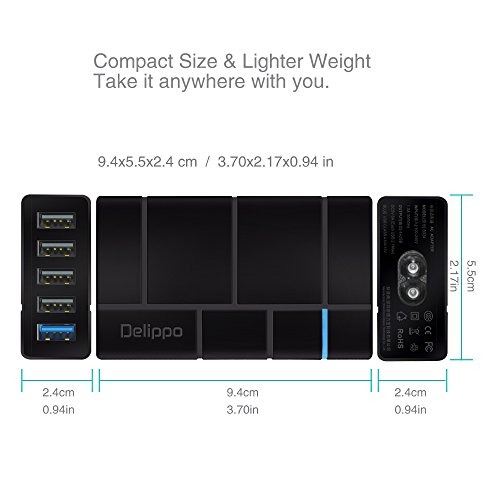 Delippo® QC 2.0 Multi USB Wand Ladegerät 50W 10A 5-Port USB Desktop Ladestation für Apple Android Smartphones/Tablets PSP MP3/MP4 USB Powered Mobile Geräte (Schwarz) - 2