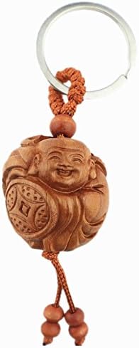 Muzuri's Feng Shui Wood Happy Laughing Buddha Statue Key Chain for Lucky and Protection + Free Handmade Luck Red String Bracelet