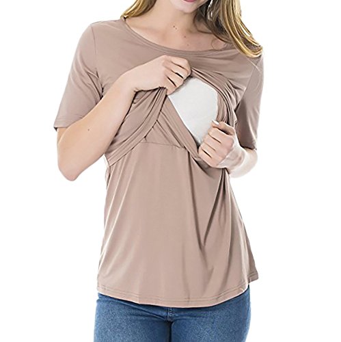 Preisvergleich Produktbild Mutterschaft Doppelschichten Kurzarm Stillshirt Stillzeit Umstandsshirt Schwanger Frauen Stillen Umstandstop Stilltop Damen Mode Basic Umstandsmode Nursing Pyjama Bluse (Khaki, L)