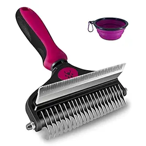 SORADD Dematting Dog Undercoat Rake, 2 in 1 Rake and Brush, Double Sided Shedding, Dog Grooming Brush, Tangles Removing, Shedding Comb, Extra Wide (Gift Bonus a Folding Pet Bowl)