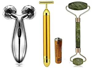 MORVIKA T-Shaped Energy Beauty Bar Gold Electric Vibration Facial Massage With Anti Aging 100% Natural Jade Roller Tools. Face and Body Massager And 3D Roller Face Massager