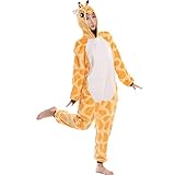 Aivtalk Unisex Schlafanzug Für Erwachsene Korallen Samt Tier Nachtwäsche Cartoon Einteiler Pyjamas Herren & Damen Cosplay Kostüme Tierkostüme Sleepwear Asiatische Größe M - Giraffe