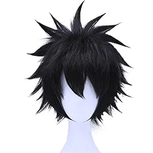 Black: Anogol Hair Cap+ Short Wavy Layered Black Cosplay Wig Synthetic Hair Full Wigs For Costume