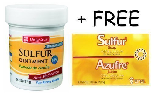 POWERFULL DE LA CRUZ 10% SULPHUR OINTMENT CREAM + FREE SULFUR SOAP ACNE BLACKHEAD SPOT PIMPLE CYST ZIT TREATMENT BLOCKED PORES OILY SKIN MEDICATION