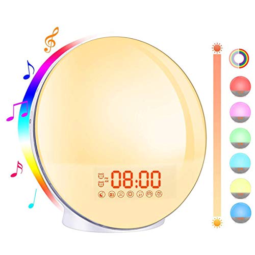 Luce Sveglia da Comodino Luce Notturna Sveglia Luminosa LED Bawoo Wake Up Light Radiosveglia Sveglia Luce Touch Dimmerabile Sveglia Alba Doppi Allarmi 8 Suoni 7 Colori Radio FM Snooze Ricaricabile USB