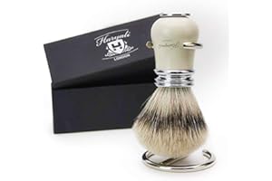 HARYALI LONDON Czysta srebrna końcówka borsuka szczotka do golenia włosów dla mężczyzn z antycznym uchwytem w kolorze kości słoniowej i metalowym