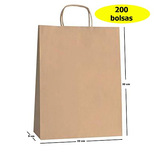 Yearol K03. 200 sacs en papier Kraft avec poignées. 30 mm x 22 mm x 9 mm. spécial pour cadeaux, Commerce, achat, vente, travaux manuels, Emballage, Transport, etc..