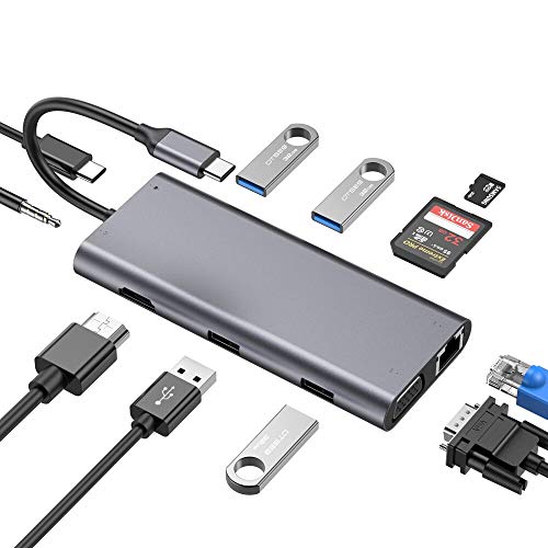RayCue Concentrador USB C, Adaptador de concentrador Tipo C con 4K HDMI, 1080P VGA, 4 Puertos USB 3.0/2.0, Puerto USB-C PD, Ethernet RJ45 Gigabit, Ranuras SD/TF, Audio de 3.5 mm para Macbook y más