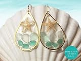  Caribe - ozeangrüne Seeglas Ohrringe, 14K Gold, echte Seestern Ohrringe, Seestern Creolen, Boho Beach Ohrringe, Karibik Shell Ohrringe, Meerjungfrau Creolen - ER43