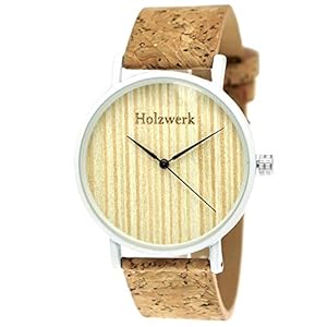 Hand Made Flat Wood in Germany® Designer Unisex Men's Women's Watch Organic Vegan Wooden Bracelet/Watch Analogue Quartz with Cork Bracelet and Dial, White