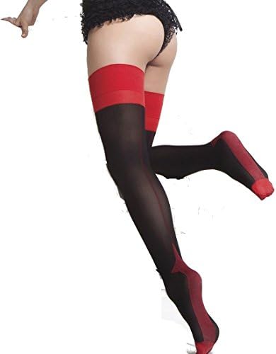 VARIOUS Ladies Two Tone Contrast Seamed Cuban Thigh High's - UK 8-12 (BLACK/RED)