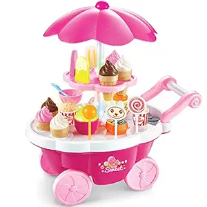 Aastha Enterprise 39 Pcs Ice Cream Sweet Cart Trolley Kitchen Set for Kids Girls Without Light and Sound Pretend Play Food Toys for Children