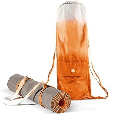 Set Yoga Mat Bag and Strap - Carrying all size Yoga Mat - Handmade Organic Cotton - Large Cargo Pocket Cool Backpack - Yoga Pilates Gym Fitness or Casual - Yoga mat not included (Orange)