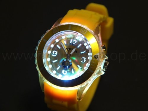 Preisvergleich Produktbild Silikon Uhr Damenuhr und Herrenuhr Sportlich in gelb mit LEDs Leuchtet bei Dunkelheit - Neu