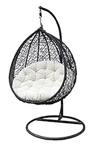 JGS Metal Single Seater Swing Chair for Home Balcony Outdoor Garden Patio Hanging Jhula Chairs for Adults Kids Swing Hammock with Accessories Cushion Hook & Stand (Black_110KG)