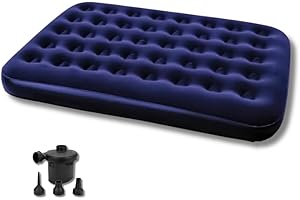 ANIKEES Double Air Bed – Inflatable Air Mattress for Indoor & Outdoor Use | Quick Inflation Flocked Double Size Airbed for Camping, Picnics, Guests & Home Use – Blue (WITH PUMP)