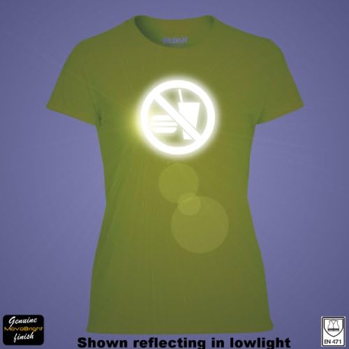 Diet T-Shirt Bright Yellow No Fast Food No Junk Fatty Food Warning Road Sign on Running, Cycling, Training, Workout, Exercise Tshirt. Sign is Silver Metallic and Reflects Brightly from up to 300m. Reflective Safety. 100% Lightweigh Polyester. Cool and Breathable. Wicks Sweat. (Medium 10-12)