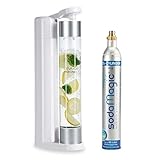 Levivo machine à gazéifier Slim Fruit & Fun, bouteille à gazéification 1 L et cartouche de gaz CO2, gaz pour eau, cocktails et autres boissons, Couleur blanc et argentée