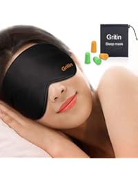 Gritin Schlafmaske, Augenmaske Nachtmaske Verstellbarem Gummiband 100% Hautfreundlich Seide Geruchneutral Schlafbrille mit Ohrst&ouml;pseln und Tragbare Tasche - Schwarz