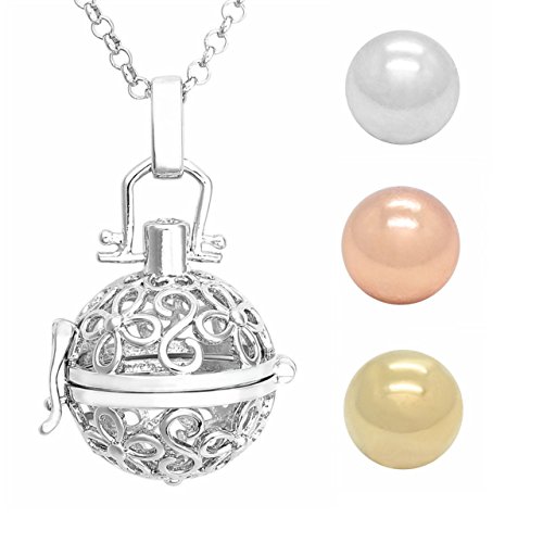 Jovivi Collier Pendentif Ouvrir Ciselé Grossesse Avec Chaine Fleurs Argent + 3pcs Grelots Argent/Or rose/Or Boule16mm