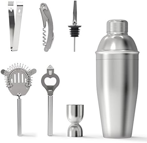 Premium 7 Piece Cocktail Set with Boston Cocktail Shaker, Bottle Opener, Recipe Cocktail Book, 20ml &amp; 40ml Bar Measures, Strainer, Pourer for Cocktail Fan
