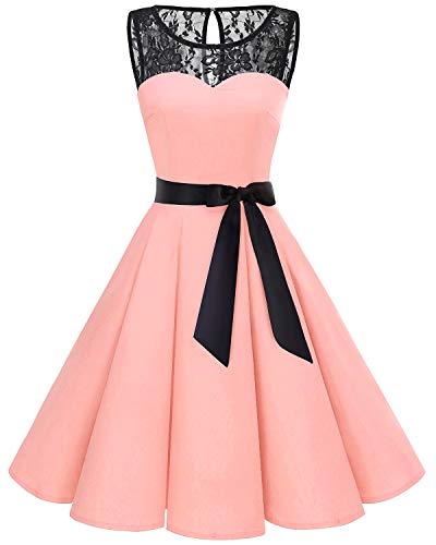 Bbonlinedress Vintage rétro 1950's Audrey Hepburn Robe de Soirée Cocktail sans Manches avec Dentelle année 50 Rockabilly Blush M