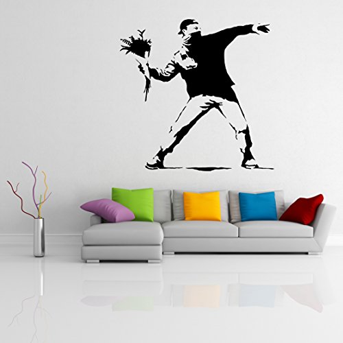 (60x59 cm) Decalcomanie Da Muro Di Banksy Vinile Protest Fiore Tiratore / Street Graffiti adesivo decorativo artistico / Rimovibile fai da te per casa Da parete + Gratis Casuale Regalo Di Decal