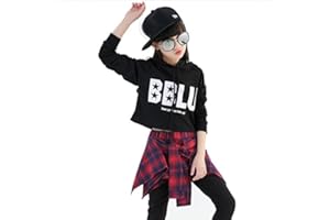 ANGELA-HOMESTYLE Mädchen Kinder Modern Jazz Hip-Hop Dancewear Kids Dance Show Kostüme Sets(Top+Rock Hosen) (160cm, Schwarze Lange Ärmel + Rote Rockhose)