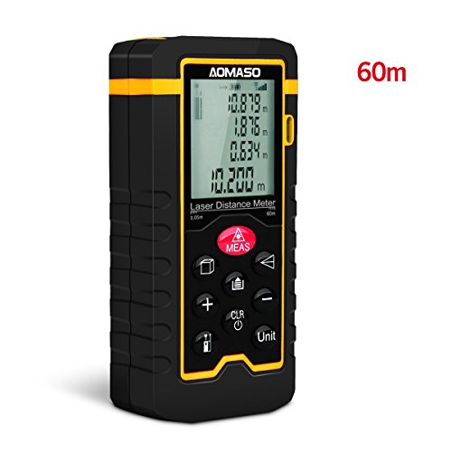 Professional Portabler Laser-Entfernungsmesser, Aomaso Digital-Maßband-60m Laserabstand (Messbereich 0,05 ~ 60m / ± 2,0mm mit LCD-Hintergrundbeleuchtung, Staub- und Spritzwassergeschützt IP54) inkl. Volumen / Fläche / Pythagoras / Kontinuierliche Messungen