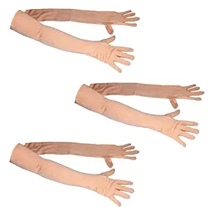 PinKit Long Sunscreen Driving Gloves | Full Arm Sleeves for Summer UV Protection | Superb Fit on Any Hands (Beige) - Combo (Set of 3 Pair)