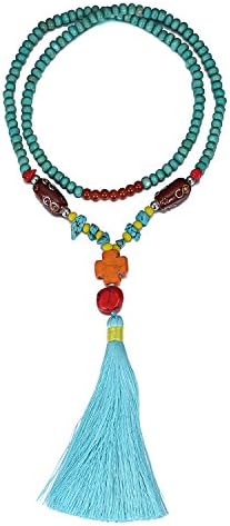 eManco Statement Long Blue Aqua Wood Bead Necklace with Enamel Turquoise Tassel for Women Fashion Jewellery